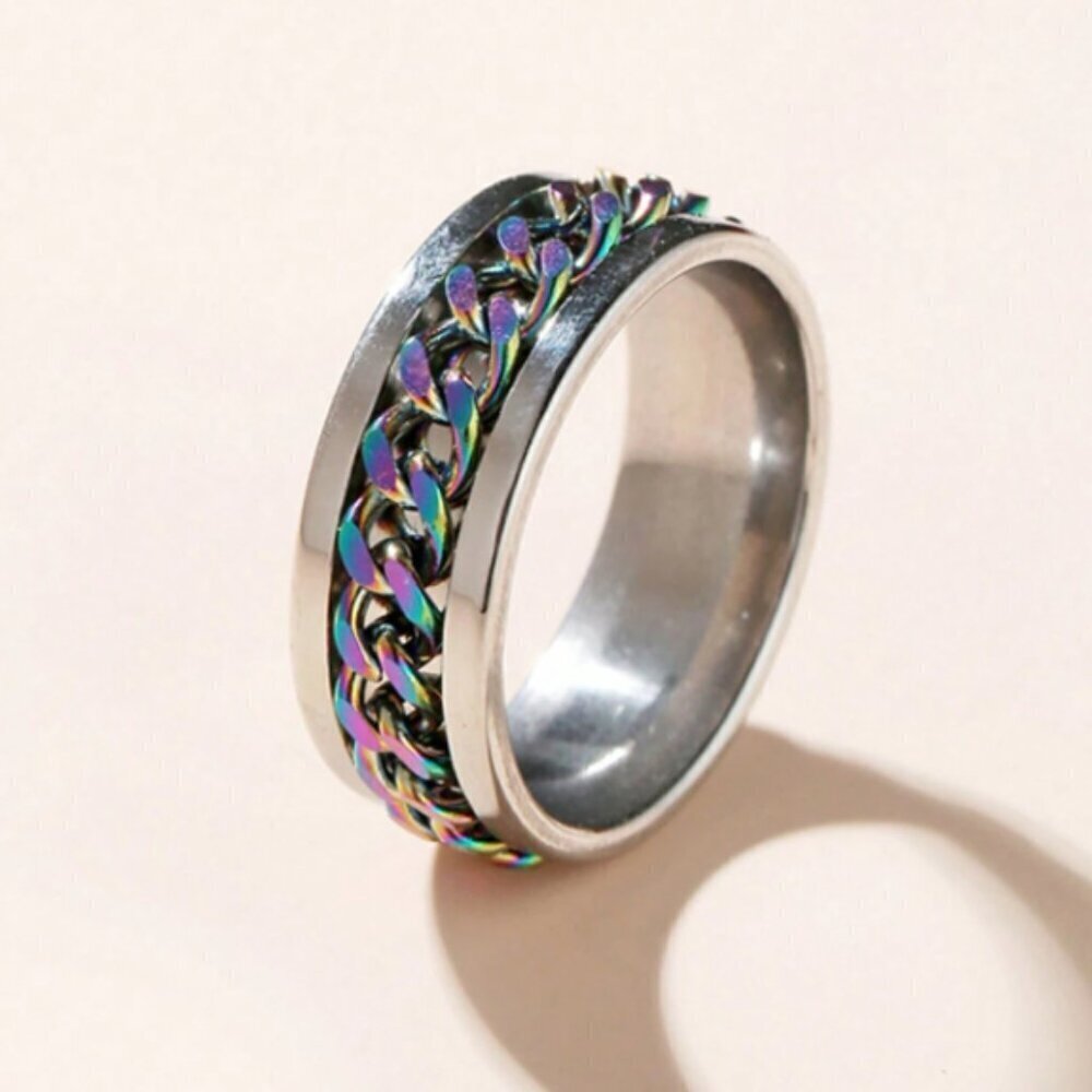 Fidget Ring with Iridescent Chain Inset Silver Stainless - Steel Spinner Ring